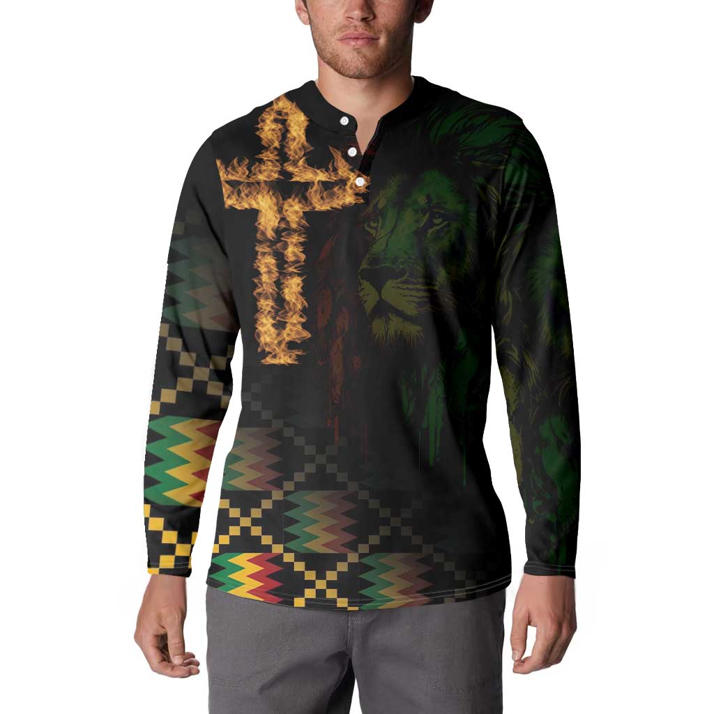 Black long-sleeve button sweatshirt with lion and cross flame artwork, geometric accents