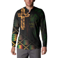 Black long-sleeve button sweatshirt with lion and cross flame artwork, geometric accents
