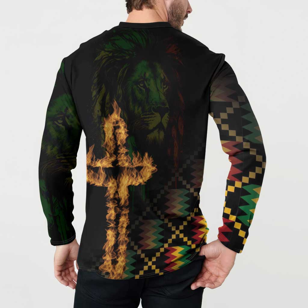 Black long-sleeve button sweatshirt, back print with lion portrait and cross flame art