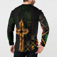 Black long-sleeve button sweatshirt, back print with lion portrait and cross flame art