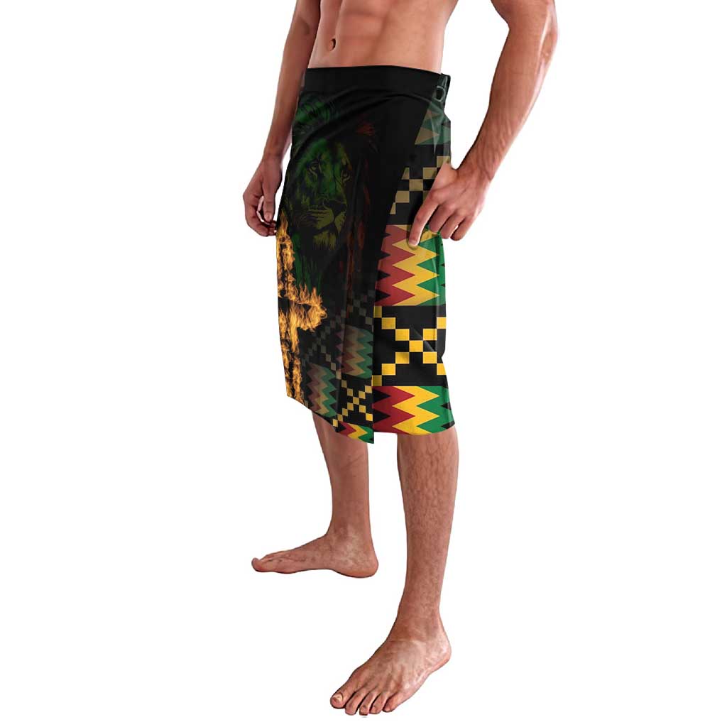Black lavalava shorts with green and red abstract graphic and zigzag blocks