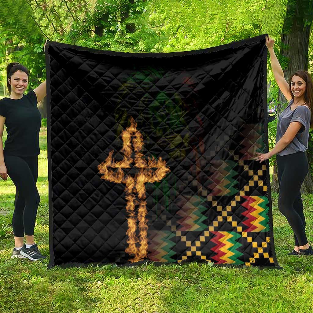 Black quilt blanket with diamond stitching, flaming cross and colorful zigzag side panel