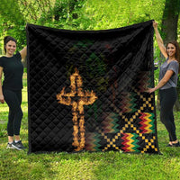 Black quilt blanket with diamond stitching, flaming cross and colorful zigzag side panel