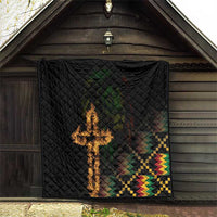 Black quilt blanket with diamond pattern, flaming cross and multicolor geometric corner