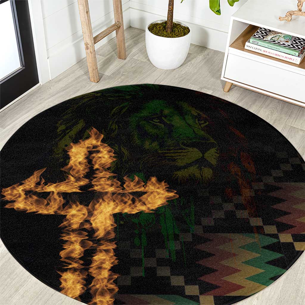 Round black area rug featuring lion graphic, flame cross, and multicolor checkered pattern
