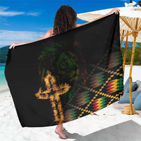 Black sarong wrap blanket with lion and fire graphic plus multicolor geometric border