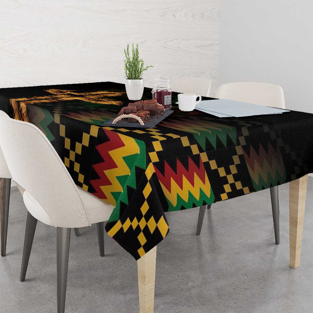 Black tablecloth draped on dining table with zigzag multicolor emblem