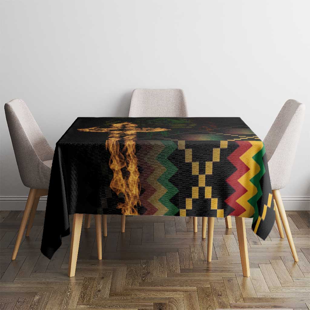 Black tablecloth on dining table with flame and geometric multicolor motif