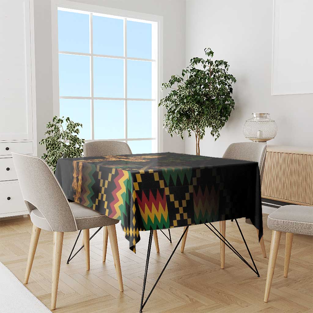 Black tablecloth on round table with flame graphic and zigzag emblem