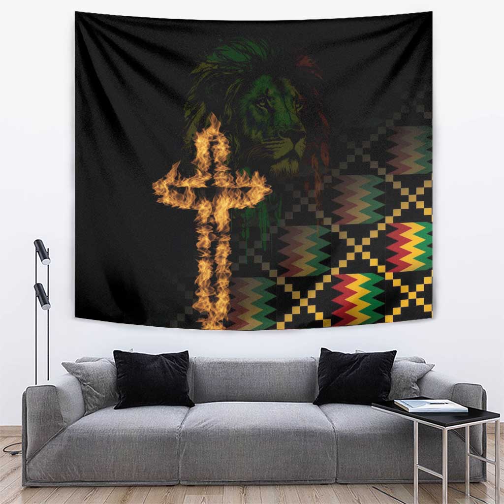 Black hanging tapestry with flaming cross, lion face, and multicolor zigzag and checkered graphics