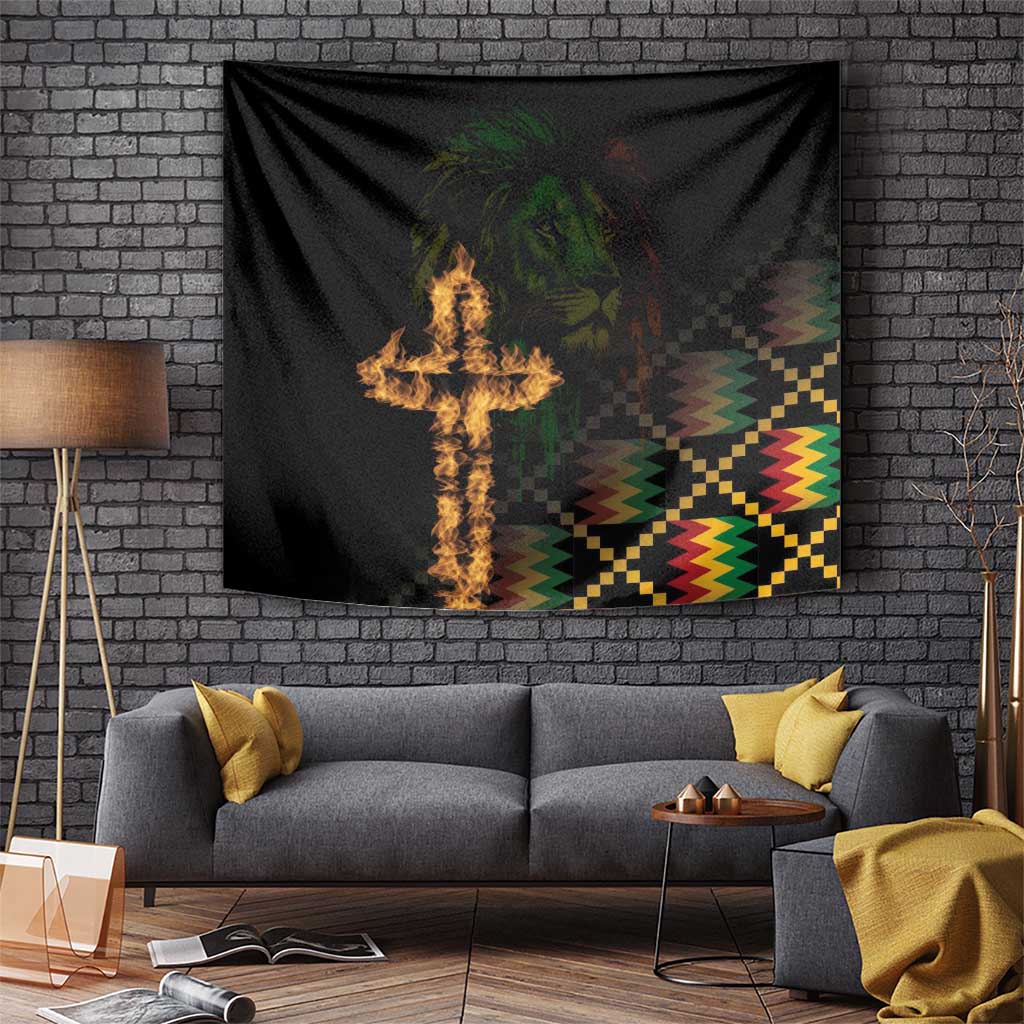 Black wall tapestry featuring a flaming cross, lion face graphic, and colorful geometric blocks