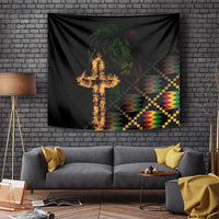 Black wall tapestry featuring a flaming cross, lion face graphic, and colorful geometric blocks