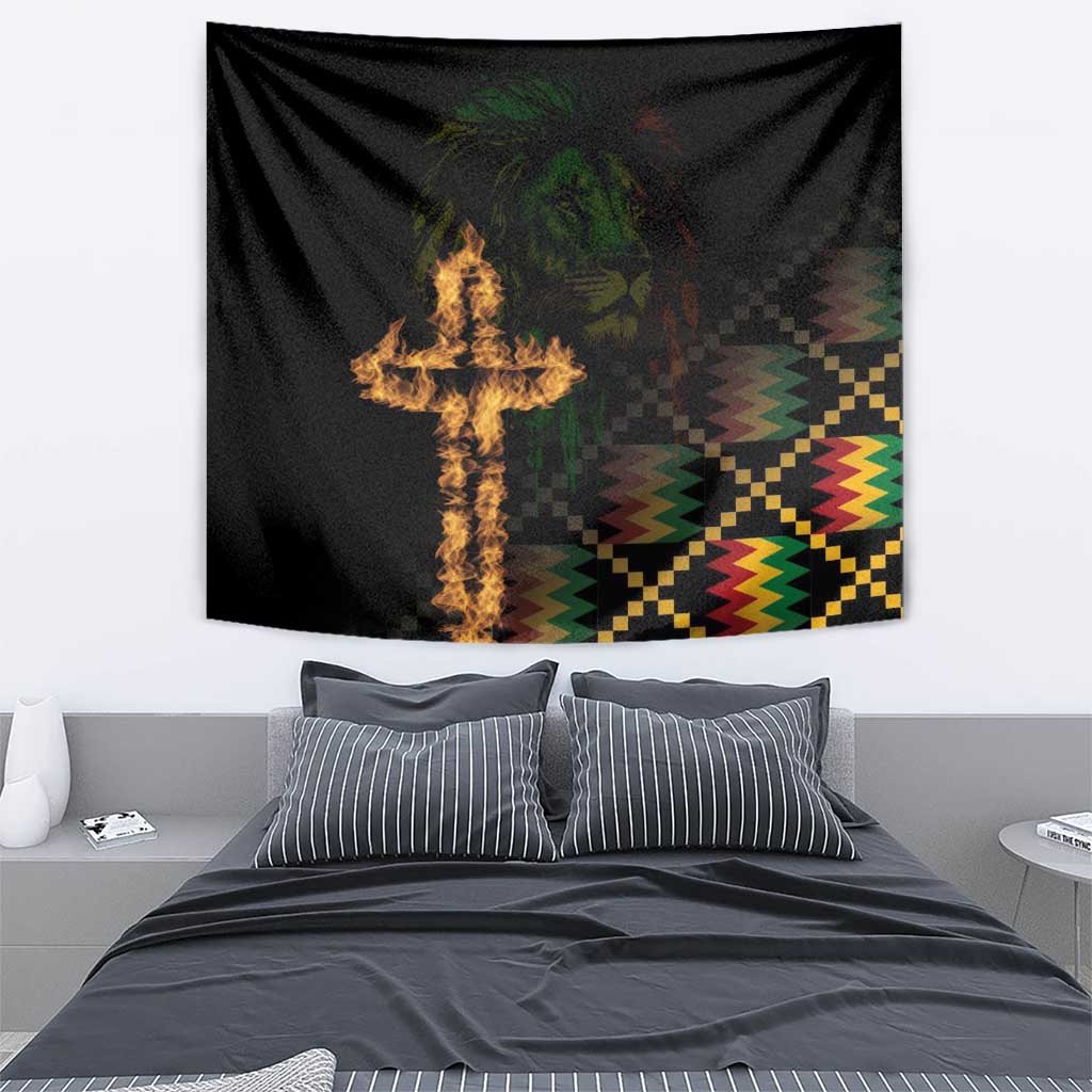 Black decorative tapestry with flaming cross design, lion face, and multicolor zigzag shapes