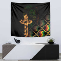 Black tapestry showing flaming cross over lion face, with multicolor checker and zigzag borders