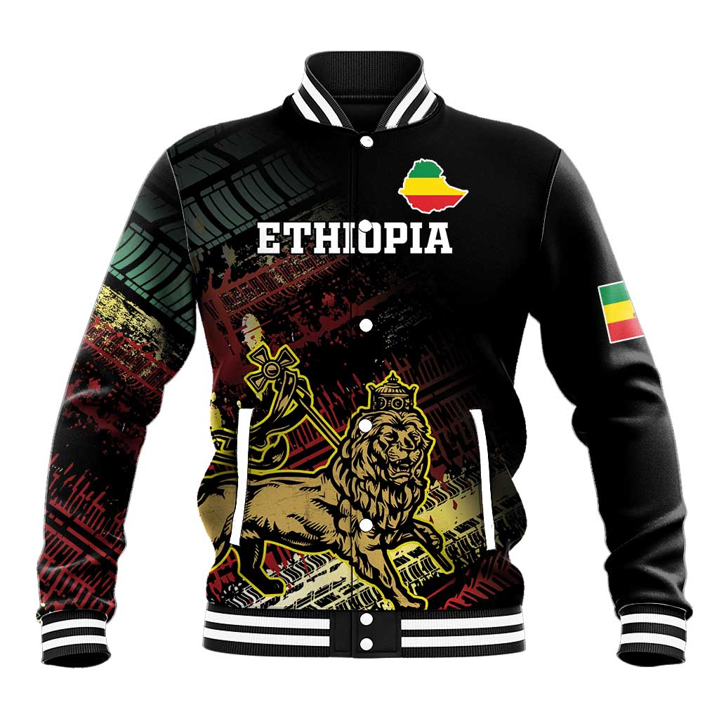 Black baseball jacket with striped ribbed collar and Ethiopia front lion graphic with patches
