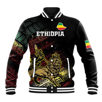 Black baseball jacket with striped ribbed collar and Ethiopia front lion graphic with patches