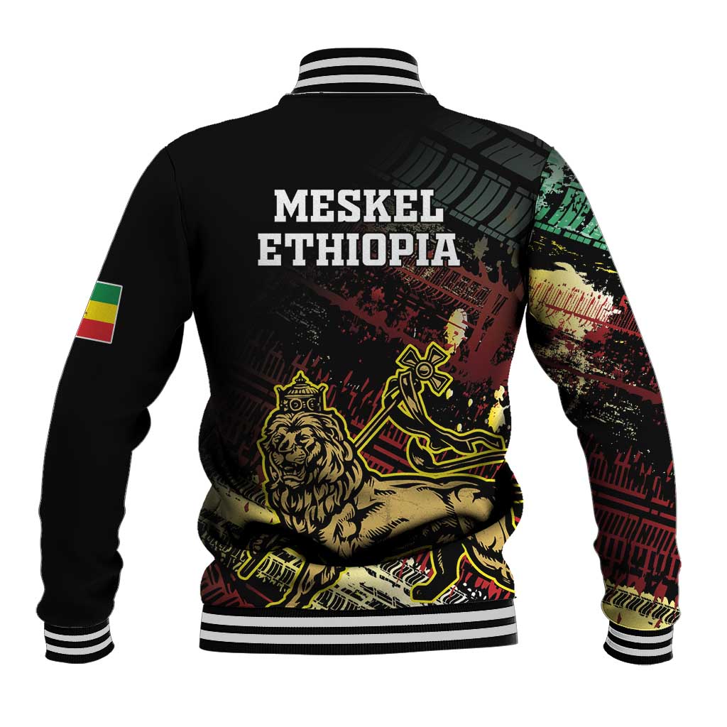 Black baseball jacket with striped ribbed collar and Lion of Judah grunge back graphic