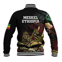 Black baseball jacket with striped ribbed collar and Lion of Judah grunge back graphic