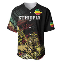 Black Ethiopia baseball jersey with button placket and Lion of Judah grunge design