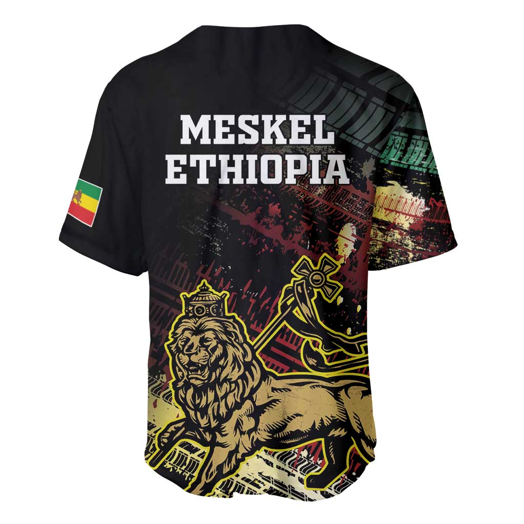 Black Ethiopia baseball jersey with Lion of Judah grunge graphic and flag patch