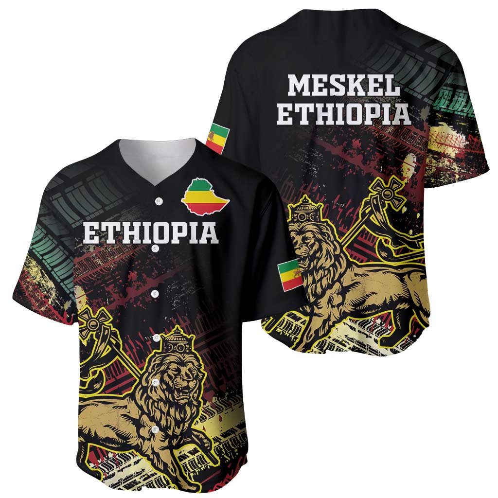Black Ethiopia baseball jersey pair with Lion of Judah print, button front and flag patches