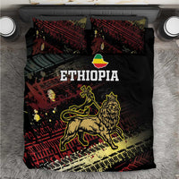 Black Ethiopia bedding set with red grunge pattern, ETHIOPIA text, and gold lion artwork