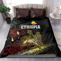 Black Ethiopia bedding set on bed with red and gold grunge designs, ETHIOPIA text, lion figure