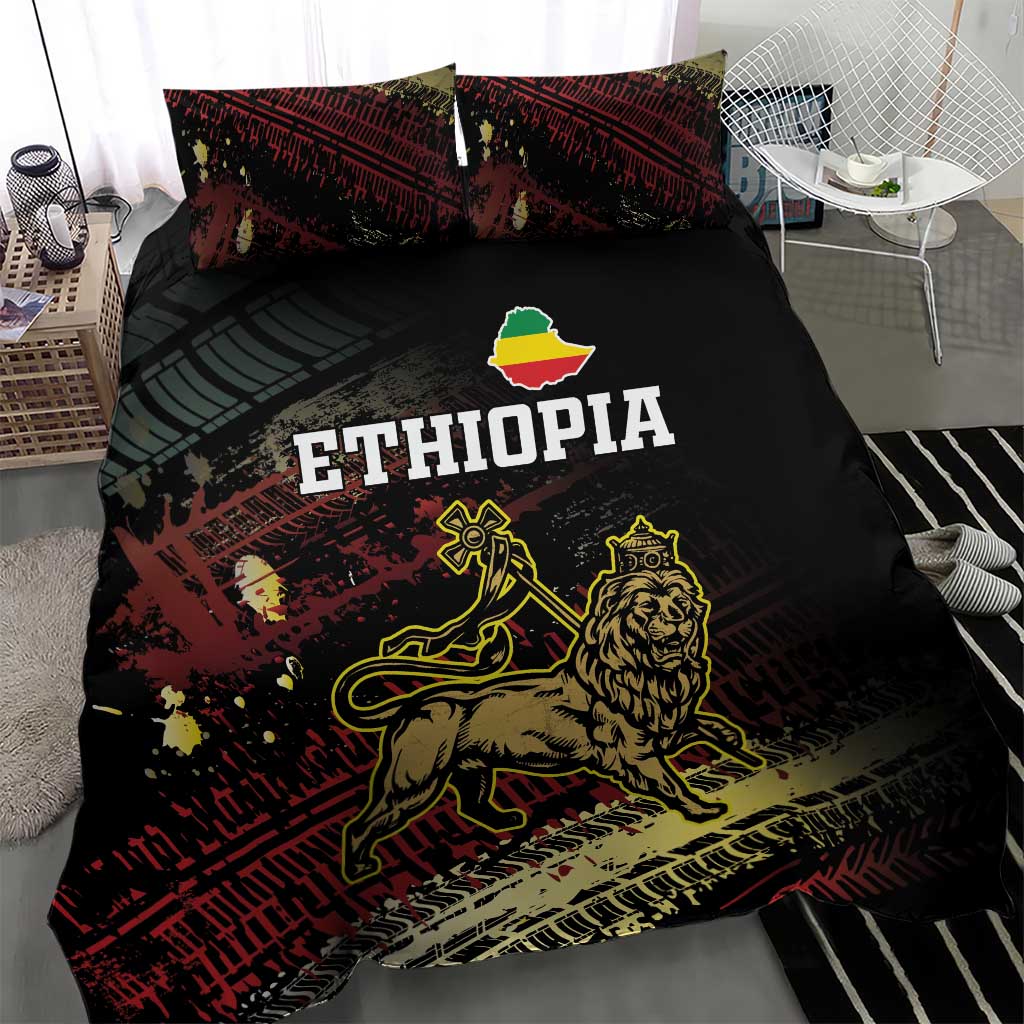 Black Ethiopia bedding set featuring red grunge artwork, ETHIOPIA lettering, and gold lion emblem