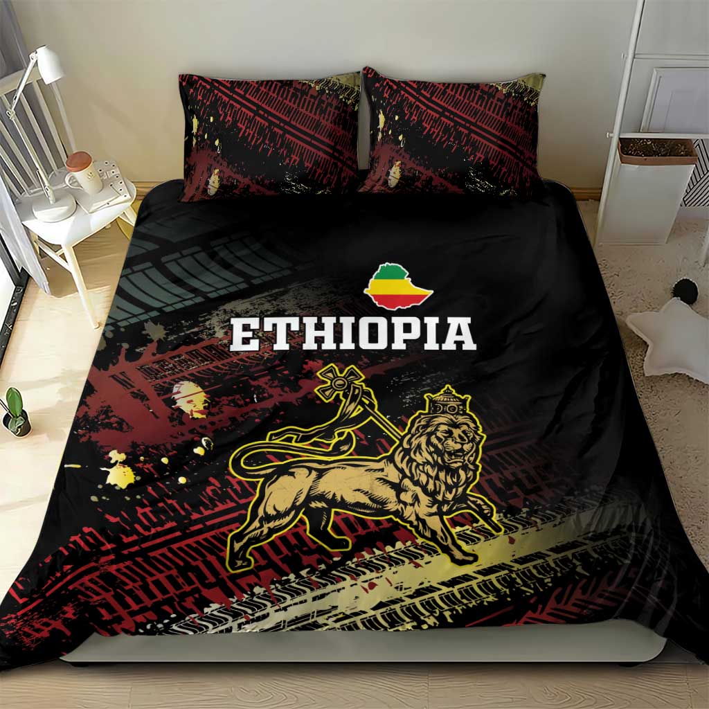 Black Ethiopia bedding set with red and gold graphic, ETHIOPIA text, and lion of Judah illustration