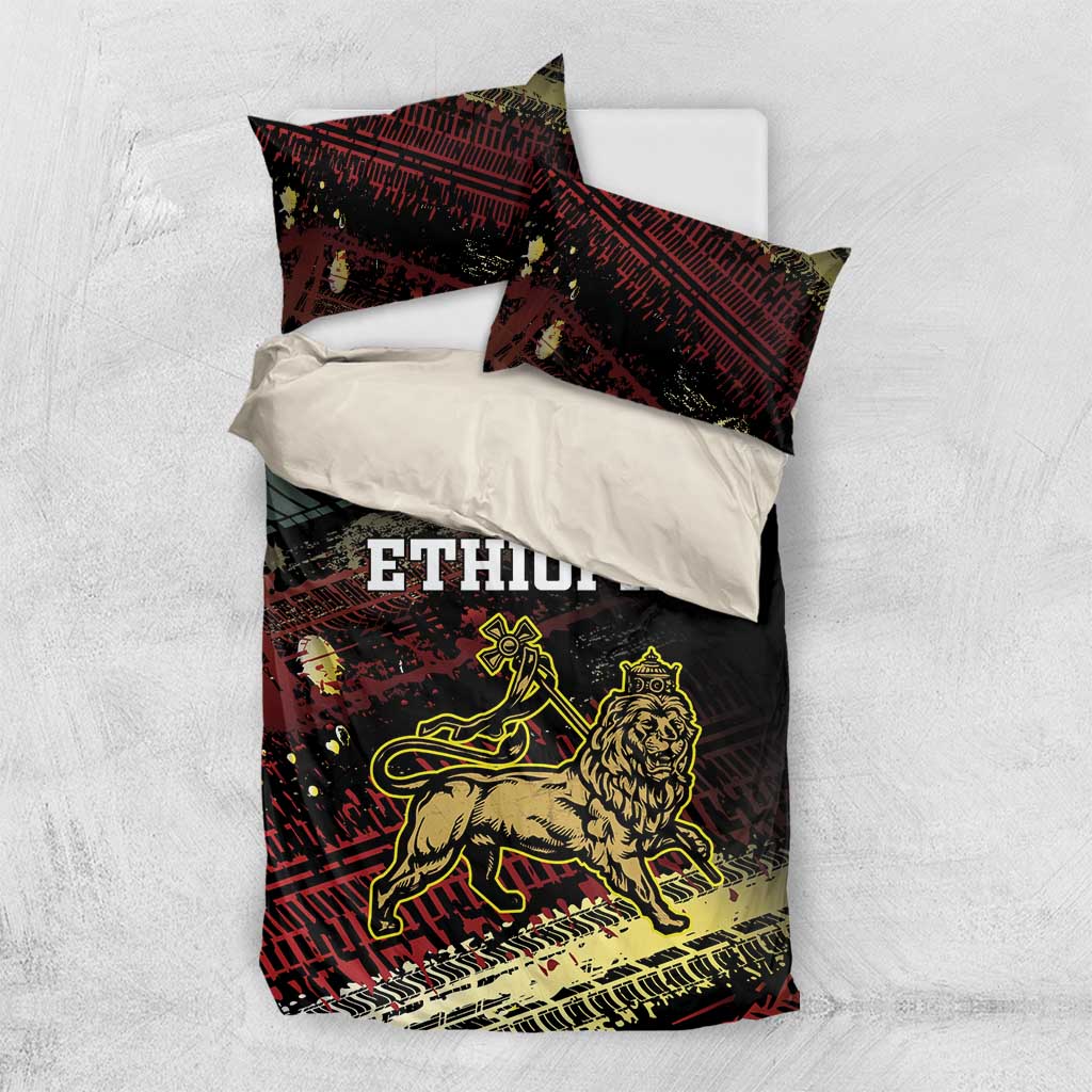 Black Ethiopia bedding set with red grunge pattern, ETHIOPIA text, and gold lion artwork