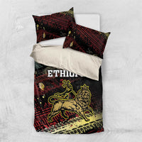 Black Ethiopia bedding set with red grunge pattern, ETHIOPIA text, and gold lion artwork