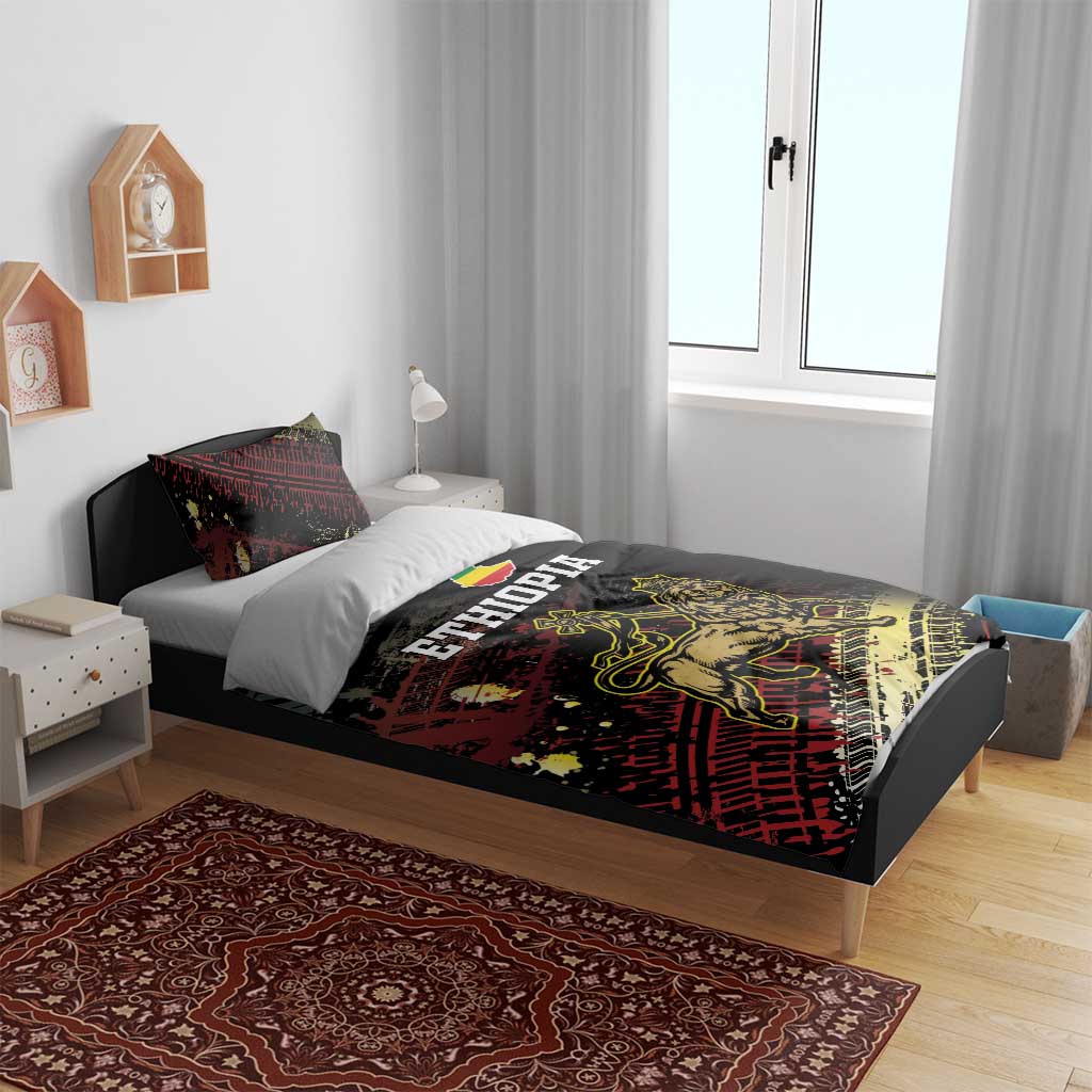 Ethiopia bedding set on modern bed, black with red grunge and gold lion design, ETHIOPIA text