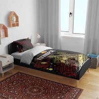 Ethiopia bedding set on modern bed, black with red grunge and gold lion design, ETHIOPIA text