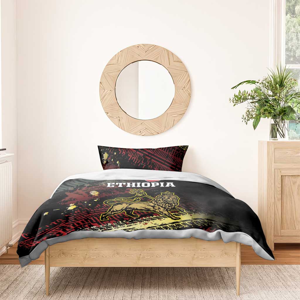Black Ethiopia bedding set with red and gold lion design on duvet, ETHIOPIA lettering