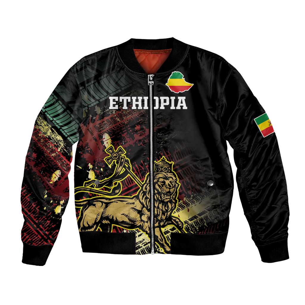 Black bomber jacket with lion graphic, zipper front, Ethiopia flag patch sleeves
