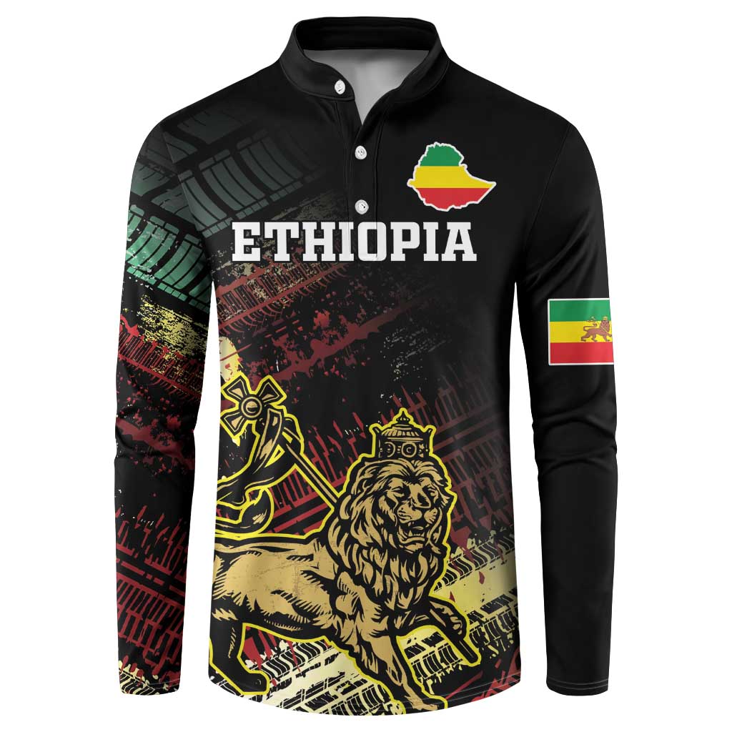 Black button-front sweatshirt with ETHIOPIA text and lion grunge graphic