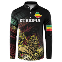 Black button-front sweatshirt with ETHIOPIA text and lion grunge graphic