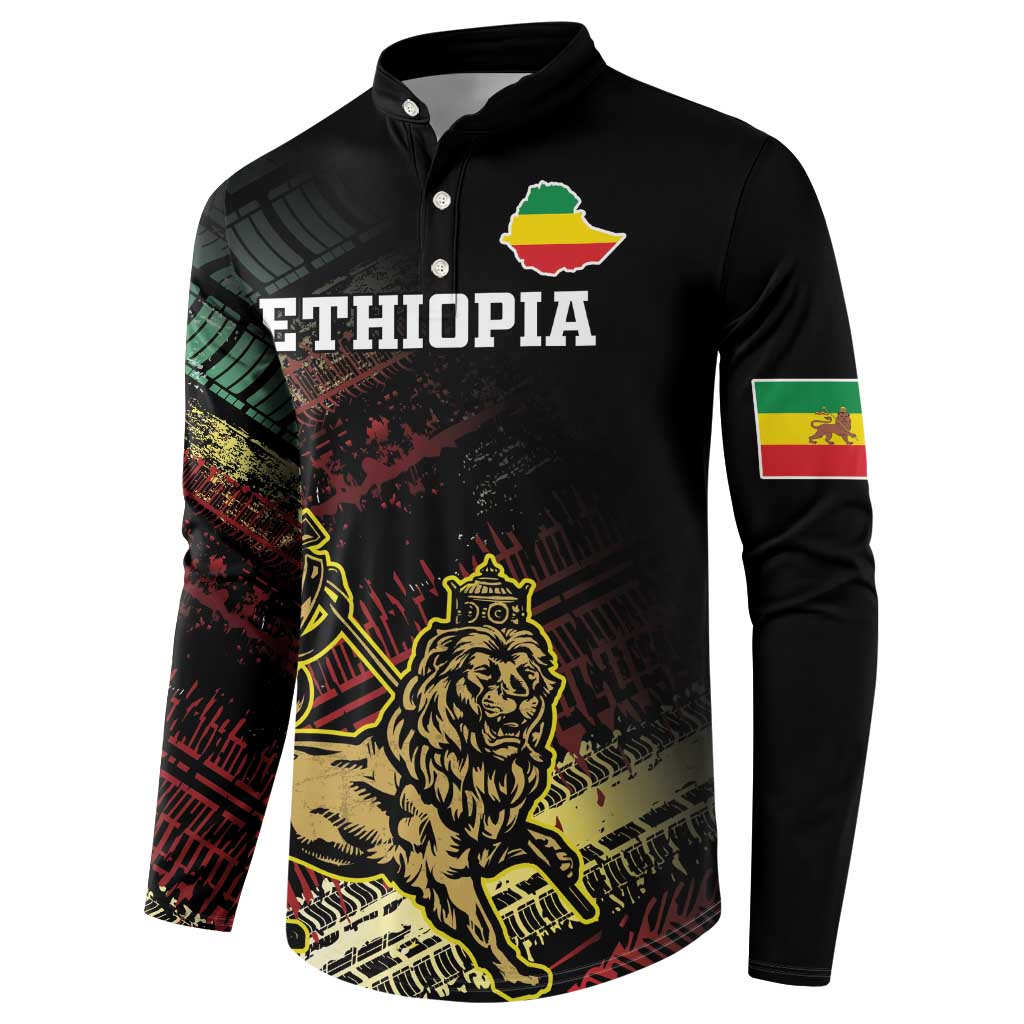 Black button-front sweatshirt with ETHIOPIA text, lion graphic, flag sleeve band