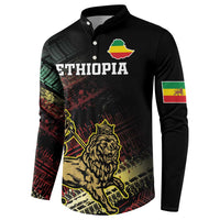 Black button-front sweatshirt with ETHIOPIA text, lion graphic, flag sleeve band
