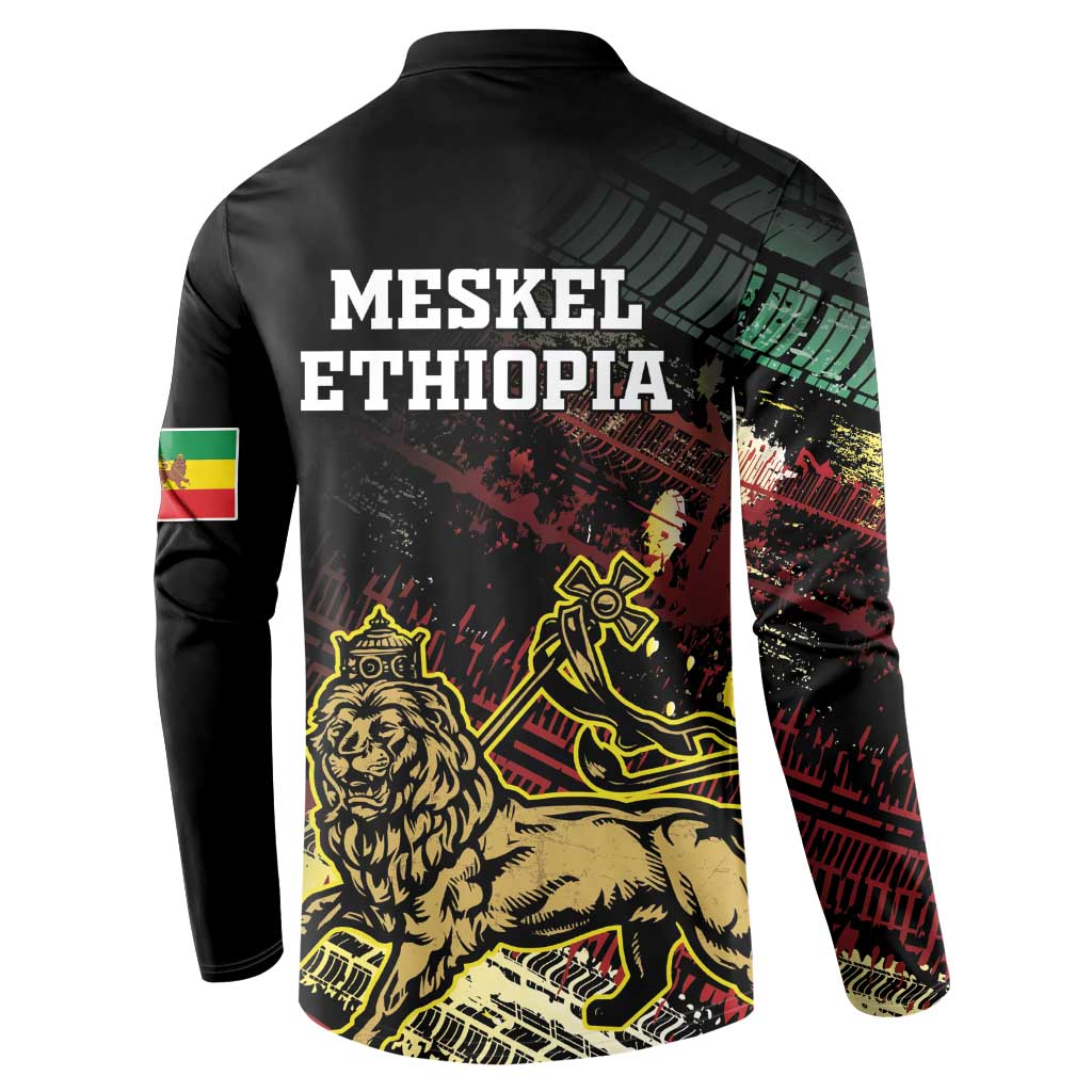 Black button-front sweatshirt back print: MESKEL ETHIOPIA and lion emblem