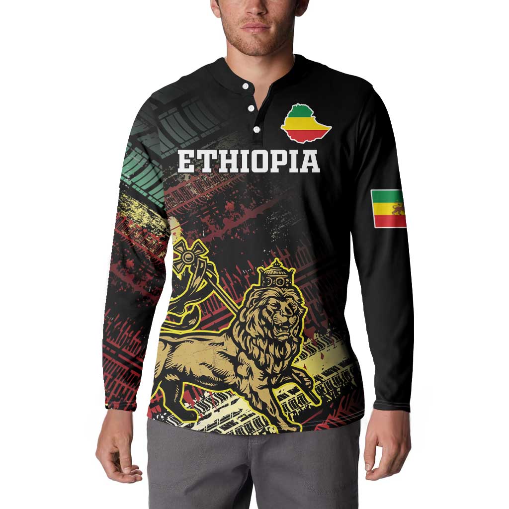 Black button-front sweatshirt with Ethiopia lion graphic and flag sleeve band