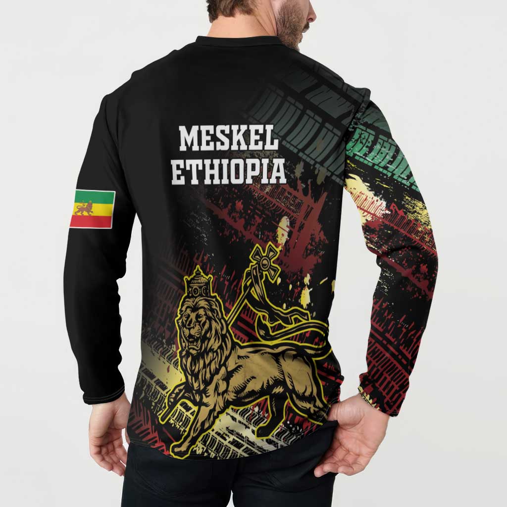 Black button-front sweatshirt, back lion grunge print and sleeve flag stripes