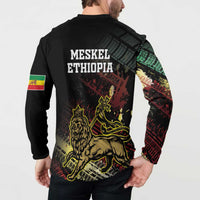 Black button-front sweatshirt, back lion grunge print and sleeve flag stripes