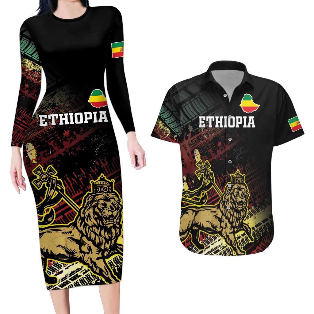 Meskel Ethiopia Couples Matching Long Sleeve Bodycon Dress and Hawaiian Shirt Lion Of Judah With Grunge Patterns - Wonder Print Shop