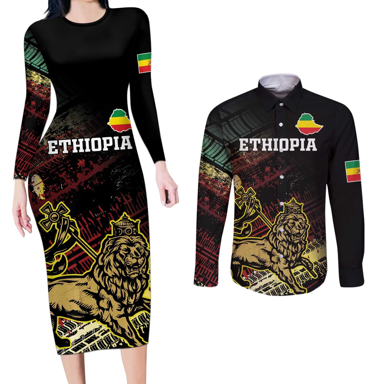 Meskel Ethiopia Couples Matching Long Sleeve Bodycon Dress and Long Sleeve Button Shirt Lion Of Judah With Grunge Patterns - Wonder Print Shop