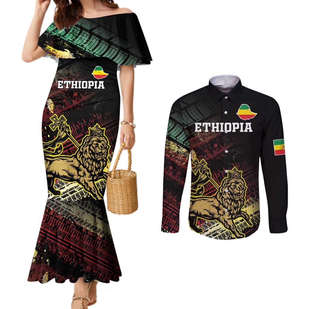 Meskel Ethiopia Couples Matching Mermaid Dress and Long Sleeve Button Shirt Lion Of Judah With Grunge Patterns