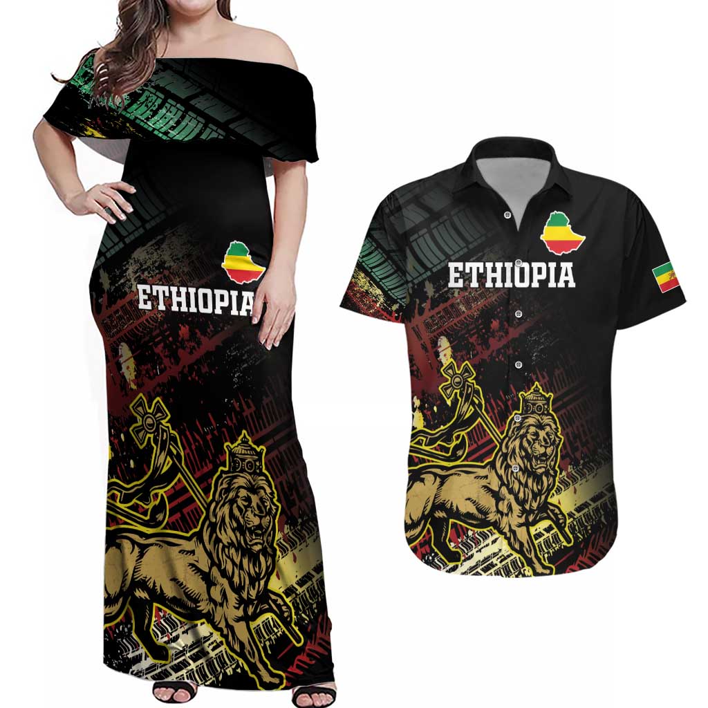 Meskel Ethiopia Couples Matching Off Shoulder Maxi Dress and Hawaiian Shirt Lion Of Judah With Grunge Patterns