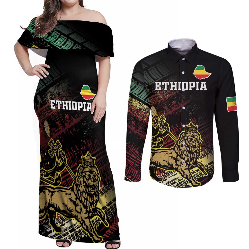 Meskel Ethiopia Couples Matching Off Shoulder Maxi Dress and Long Sleeve Button Shirt Lion Of Judah With Grunge Patterns