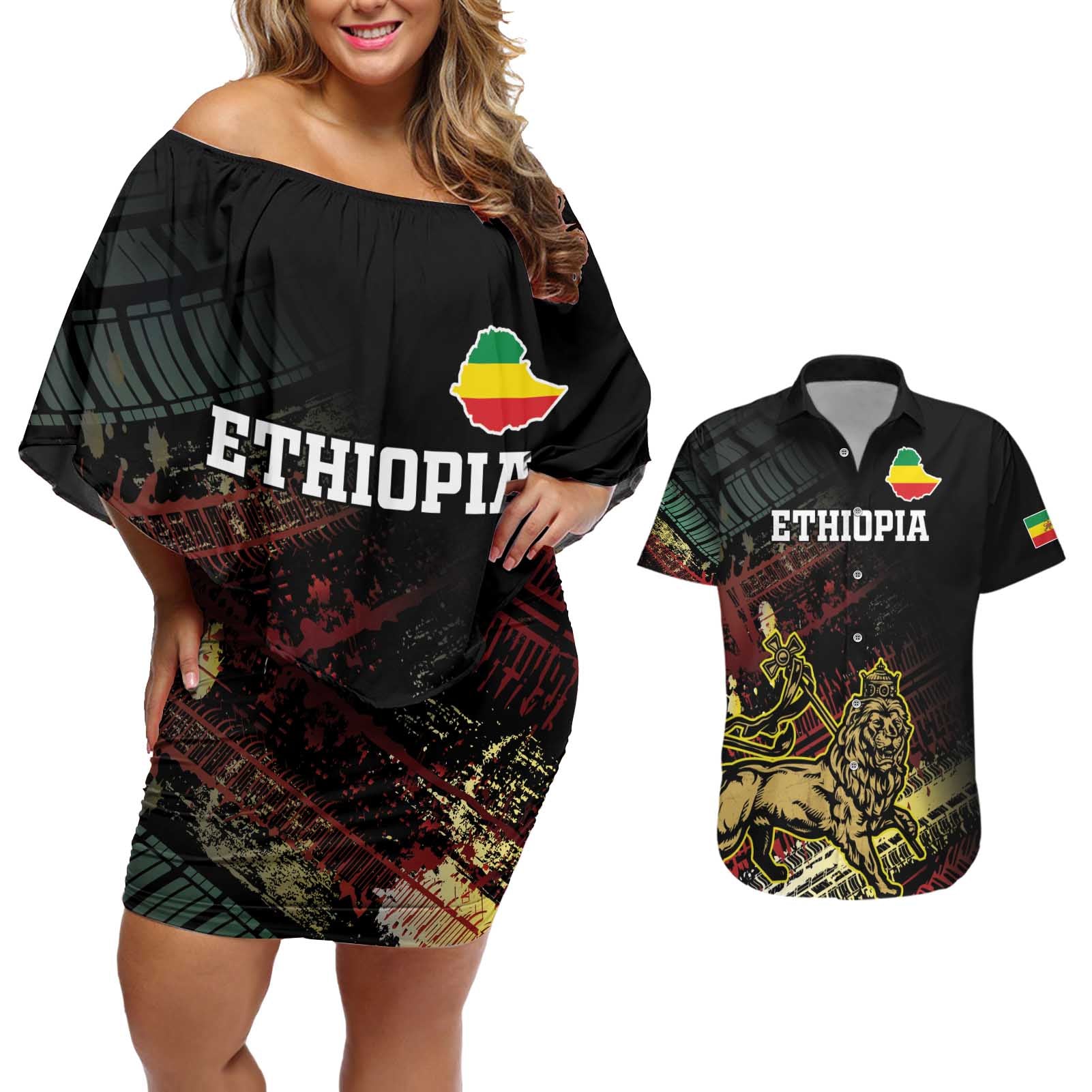 Meskel Ethiopia Couples Matching Off Shoulder Short Dress and Hawaiian Shirt Lion Of Judah With Grunge Patterns