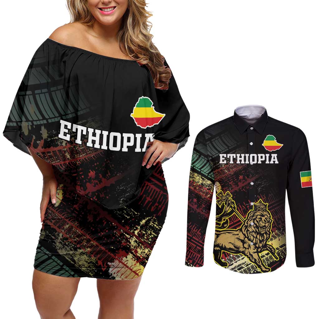 Meskel Ethiopia Couples Matching Off Shoulder Short Dress and Long Sleeve Button Shirt Lion Of Judah With Grunge Patterns